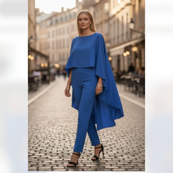 NWT LAUREN RALPH LAUREN Tropic Royal Georgette Cape Jumpsuit SZ-2 NO BELT - Picture 1 of 9